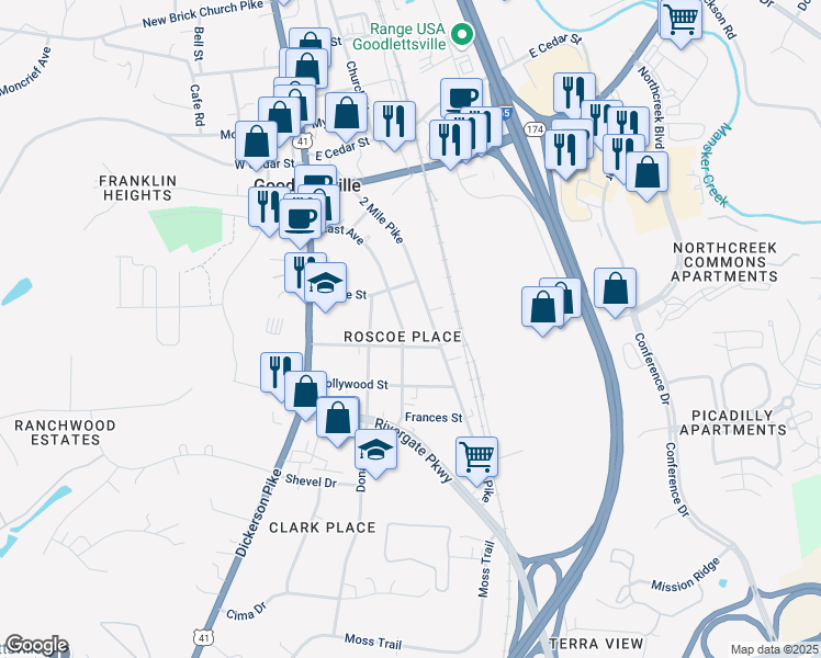 map of restaurants, bars, coffee shops, grocery stores, and more near 214 East Avenue in Goodlettsville