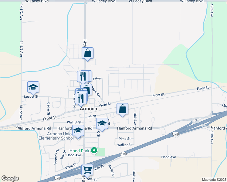 map of restaurants, bars, coffee shops, grocery stores, and more near 13708 Front Street in Hanford