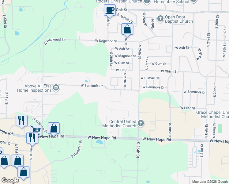 map of restaurants, bars, coffee shops, grocery stores, and more near 2716 West Seminole Drive in Rogers