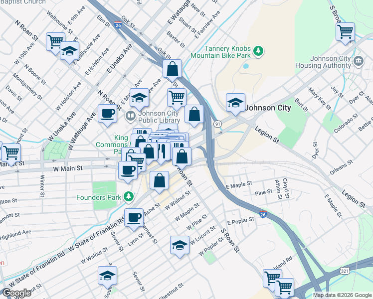 map of restaurants, bars, coffee shops, grocery stores, and more near Colonial Way in Johnson City