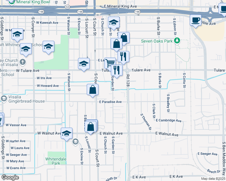 map of restaurants, bars, coffee shops, grocery stores, and more near 1449 South Garden Street in Visalia