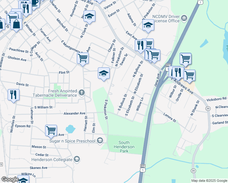 map of restaurants, bars, coffee shops, grocery stores, and more near 152 North Pinkston Street in Henderson