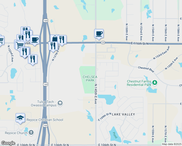 map of restaurants, bars, coffee shops, grocery stores, and more near 11209 North 144th East Avenue in Owasso