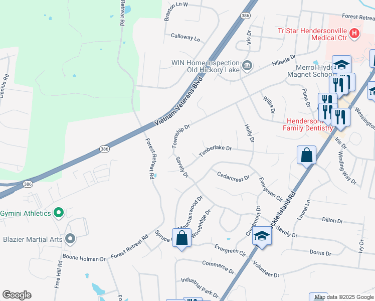 map of restaurants, bars, coffee shops, grocery stores, and more near 107 Moss Ct in Hendersonville