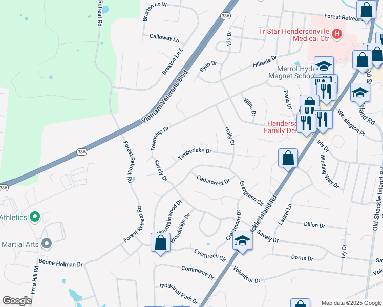 map of restaurants, bars, coffee shops, grocery stores, and more near 158 Timberlake Drive in Hendersonville