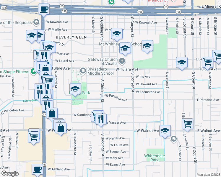 map of restaurants, bars, coffee shops, grocery stores, and more near 1142 West Feemster Avenue in Visalia