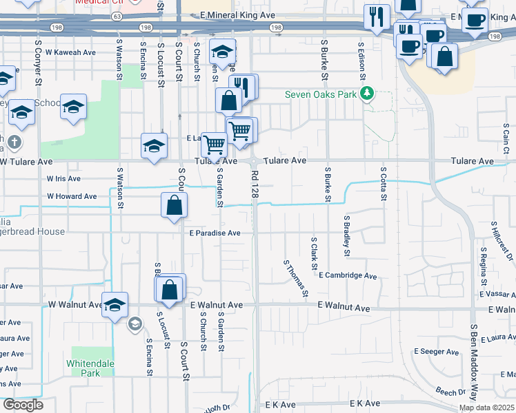 map of restaurants, bars, coffee shops, grocery stores, and more near 1428 Road 128 in Visalia