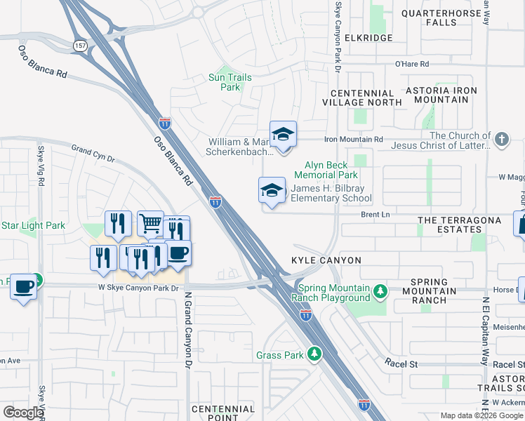 map of restaurants, bars, coffee shops, grocery stores, and more near Tee Pee Lane in Las Vegas