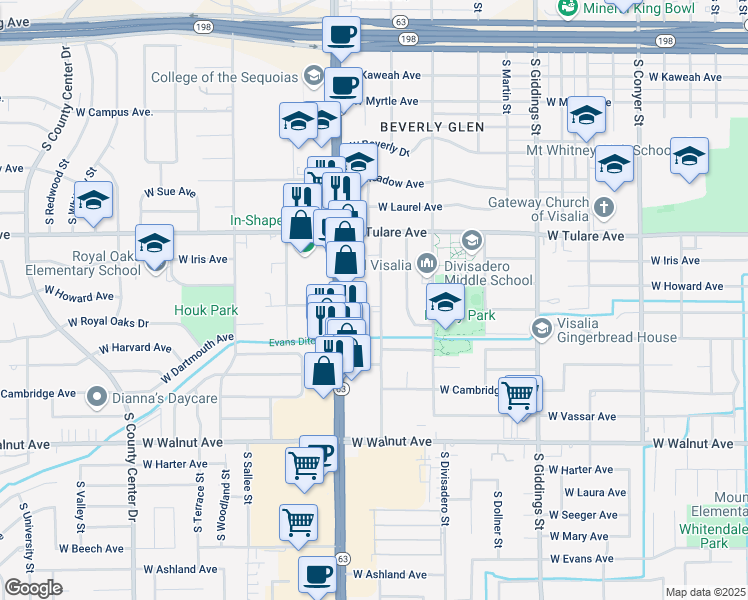 map of restaurants, bars, coffee shops, grocery stores, and more near 1425 South Central Street in Visalia