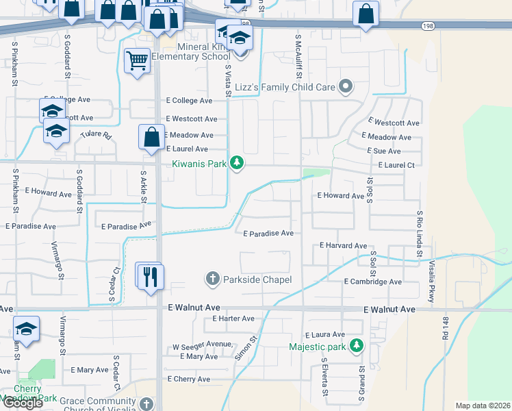 map of restaurants, bars, coffee shops, grocery stores, and more near 3429 East Howard Court in Visalia