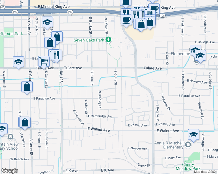 map of restaurants, bars, coffee shops, grocery stores, and more near 1112 East Feemster Avenue in Visalia