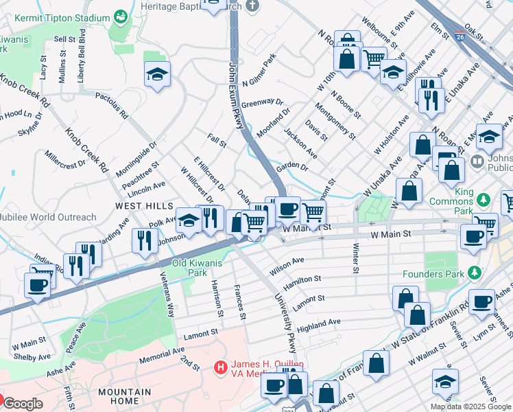 map of restaurants, bars, coffee shops, grocery stores, and more near 302 Delaware Street in Johnson City