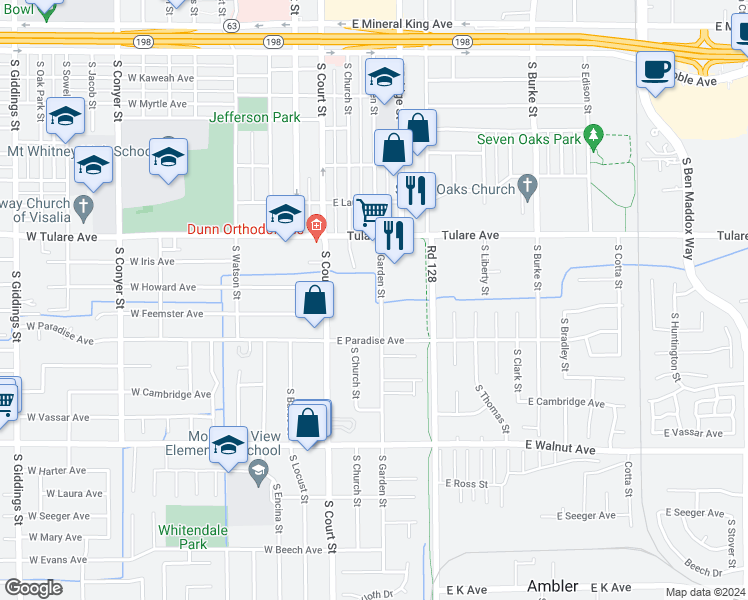 map of restaurants, bars, coffee shops, grocery stores, and more near 1425 South Garden Street in Visalia