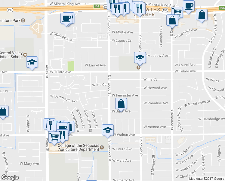 map of restaurants, bars, coffee shops, grocery stores, and more near 1420 S Linwood St in Visalia