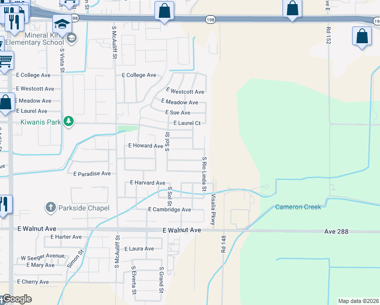 map of restaurants, bars, coffee shops, grocery stores, and more near 4227 East Howard Court in Visalia