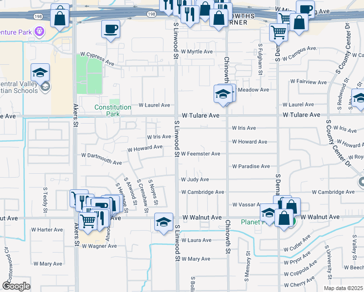 map of restaurants, bars, coffee shops, grocery stores, and more near 1420 S Linwood St in Visalia