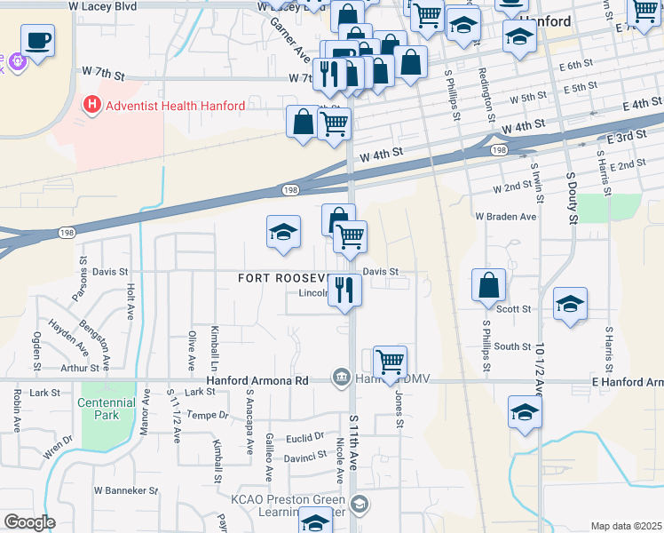 map of restaurants, bars, coffee shops, grocery stores, and more near 590 South Richmond Avenue in Hanford