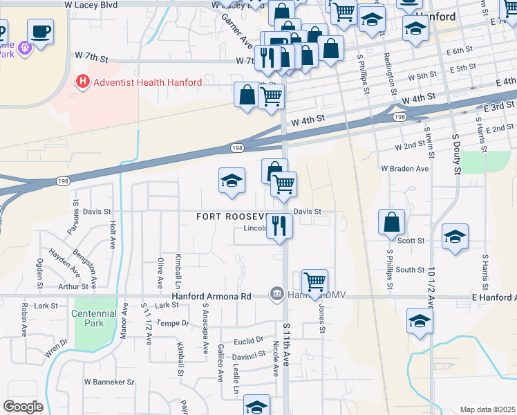 map of restaurants, bars, coffee shops, grocery stores, and more near 590 South Richmond Avenue in Hanford