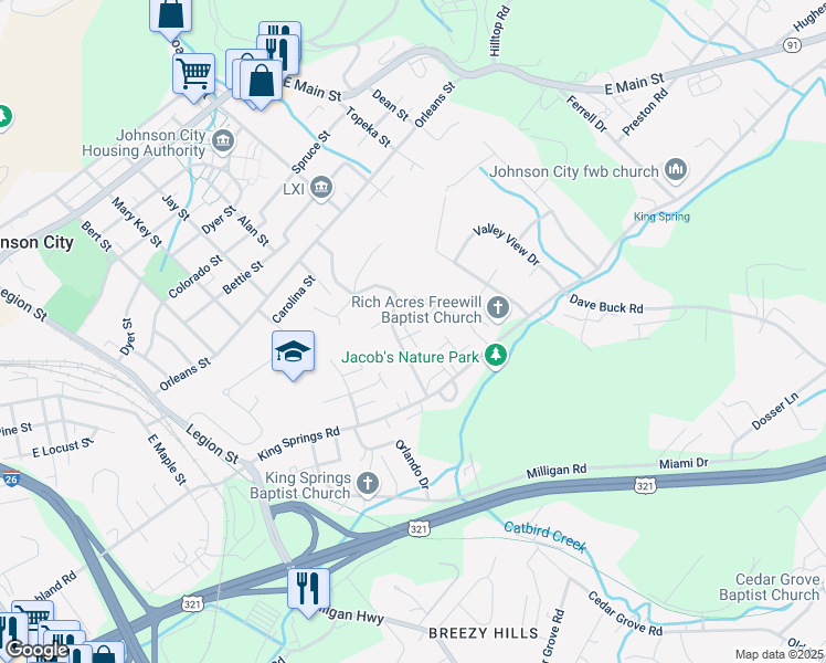 map of restaurants, bars, coffee shops, grocery stores, and more near 1507 Bell Ridge Road in Johnson City
