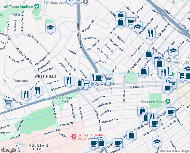 map of restaurants, bars, coffee shops, grocery stores, and more near 707 John Exum Parkway in Johnson City