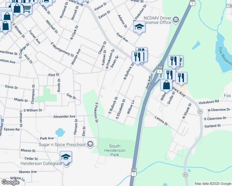 map of restaurants, bars, coffee shops, grocery stores, and more near 116 South Bullock Street in Henderson