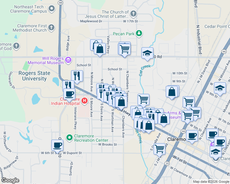 map of restaurants, bars, coffee shops, grocery stores, and more near 118 North Wortman Avenue in Claremore