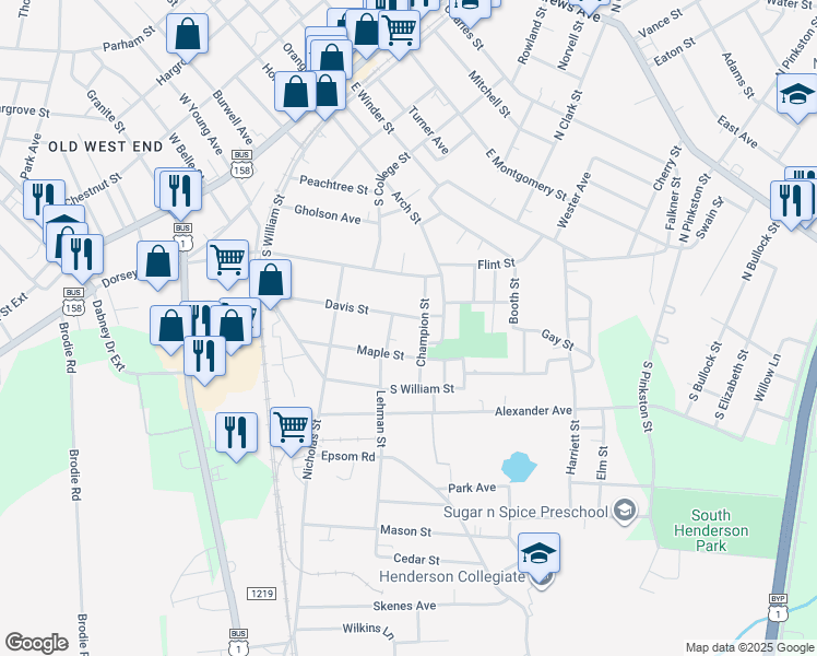 map of restaurants, bars, coffee shops, grocery stores, and more near 422 Davis Street in Henderson