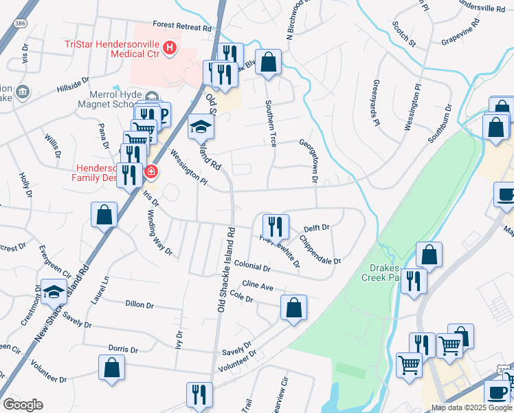 map of restaurants, bars, coffee shops, grocery stores, and more near 115 Chippendale Drive in Hendersonville