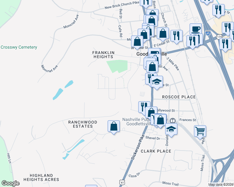 map of restaurants, bars, coffee shops, grocery stores, and more near 230 South Downs Circle in Goodlettsville