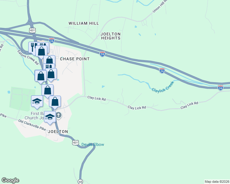 map of restaurants, bars, coffee shops, grocery stores, and more near 2966 Clay Lick Road in Nashville