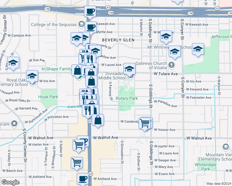 map of restaurants, bars, coffee shops, grocery stores, and more near 1425 South Divisadero Street in Visalia