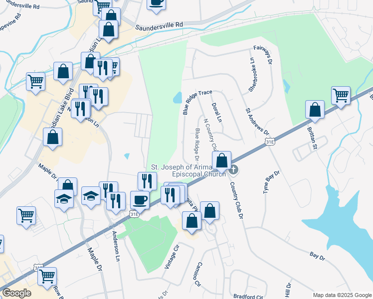 map of restaurants, bars, coffee shops, grocery stores, and more near 70 Blue Ridge Trace in Hendersonville