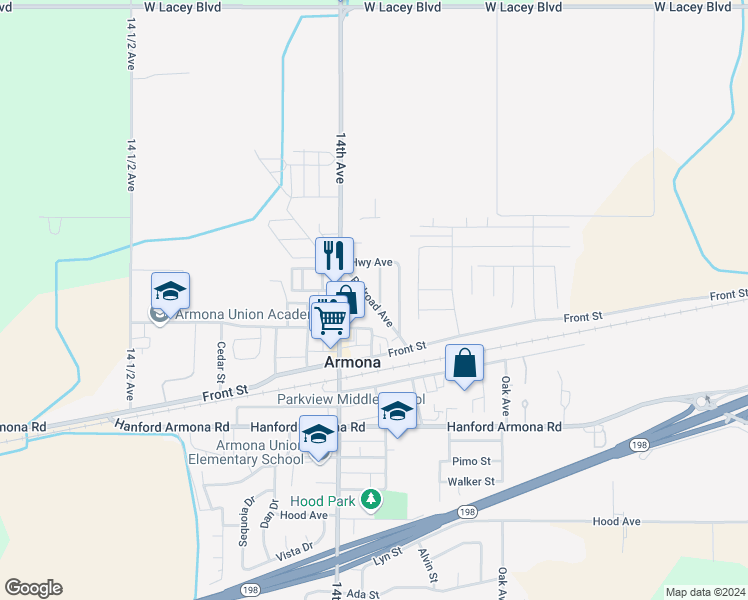 map of restaurants, bars, coffee shops, grocery stores, and more near 10730 Jackson Street in Armona