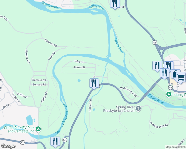 map of restaurants, bars, coffee shops, grocery stores, and more near 55 Bobo Drive in Hardy