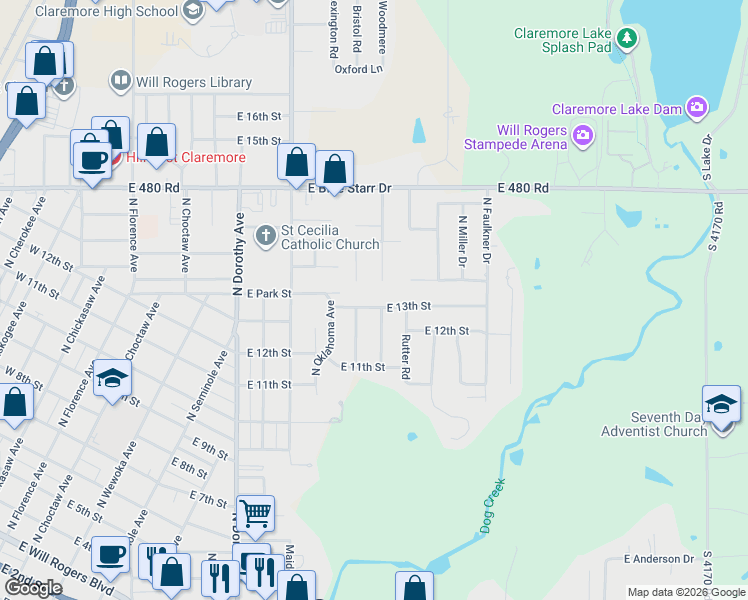 map of restaurants, bars, coffee shops, grocery stores, and more near 934 East 13th Street in Claremore