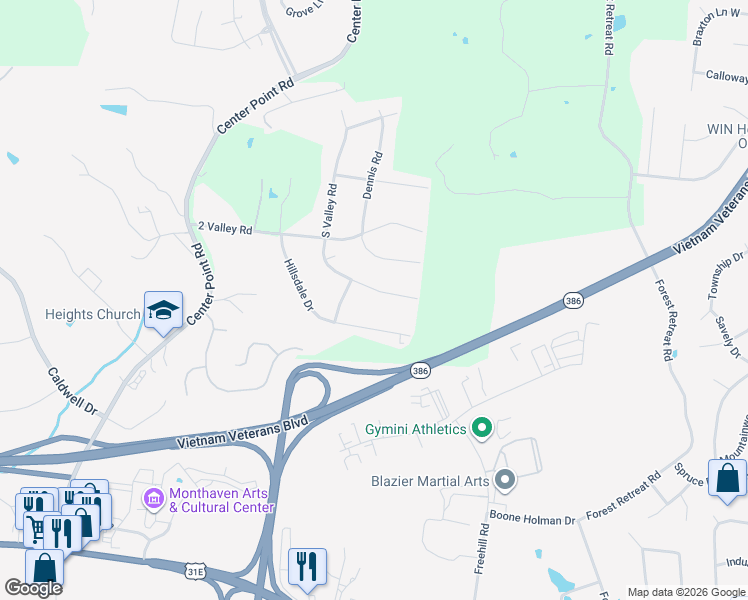 map of restaurants, bars, coffee shops, grocery stores, and more near 120 South Valley Road in Hendersonville