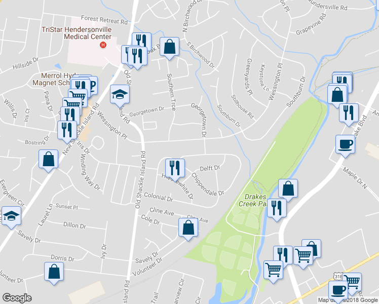 map of restaurants, bars, coffee shops, grocery stores, and more near 186 Chippendale Drive in Hendersonville