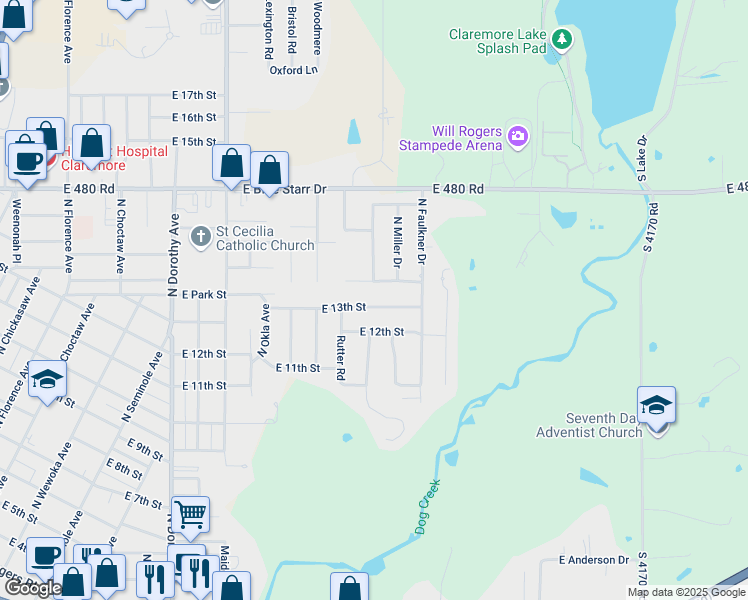 map of restaurants, bars, coffee shops, grocery stores, and more near 1008 East 13th Street in Claremore