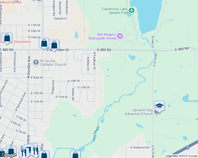 map of restaurants, bars, coffee shops, grocery stores, and more near 1145 North Faulkner Place in Claremore