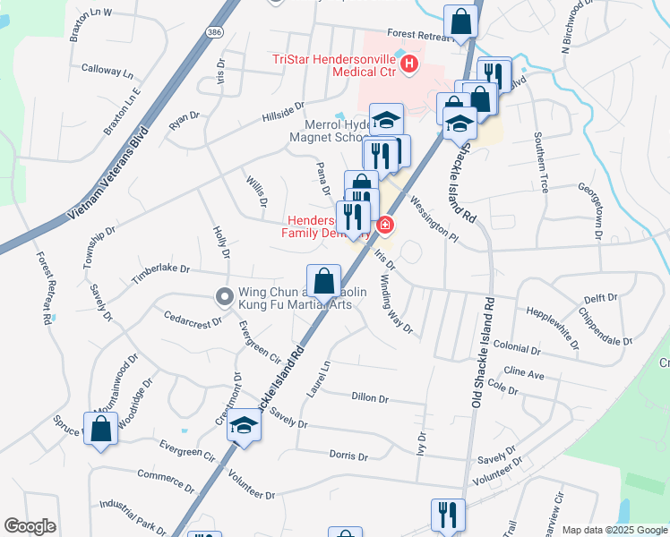 map of restaurants, bars, coffee shops, grocery stores, and more near 251 New Shackle Island Road in Hendersonville