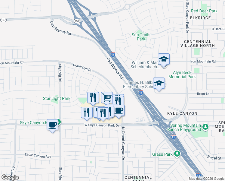 map of restaurants, bars, coffee shops, grocery stores, and more near West Frontage Road in Las Vegas