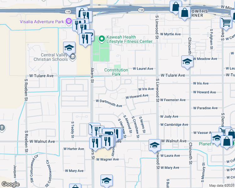 map of restaurants, bars, coffee shops, grocery stores, and more near 4901 West Crenshaw Drive in Visalia