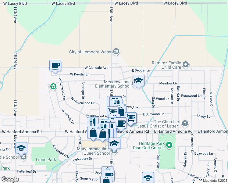 map of restaurants, bars, coffee shops, grocery stores, and more near 1874 18th Avenue in Lemoore