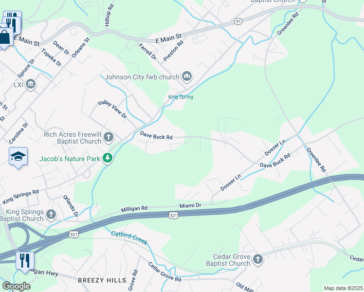 map of restaurants, bars, coffee shops, grocery stores, and more near 1726 Dave Buck Road in Johnson City