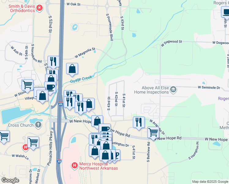 map of restaurants, bars, coffee shops, grocery stores, and more near 1708 S 42nd St in Rogers