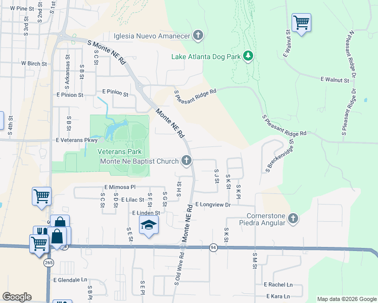 map of restaurants, bars, coffee shops, grocery stores, and more near 1540 South Monte Northeast Road in Rogers