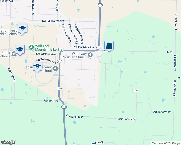 map of restaurants, bars, coffee shops, grocery stores, and more near 4037 Caerleon Circle in Bentonville
