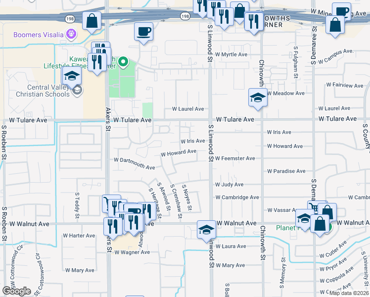 map of restaurants, bars, coffee shops, grocery stores, and more near 4618 W Howard Ave in Visalia
