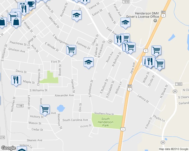 map of restaurants, bars, coffee shops, grocery stores, and more near 152 North Pinkston Street in Henderson