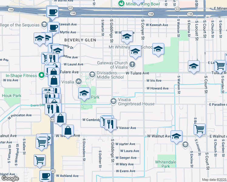 map of restaurants, bars, coffee shops, grocery stores, and more near 1246 West Whispering Pines Court in Visalia